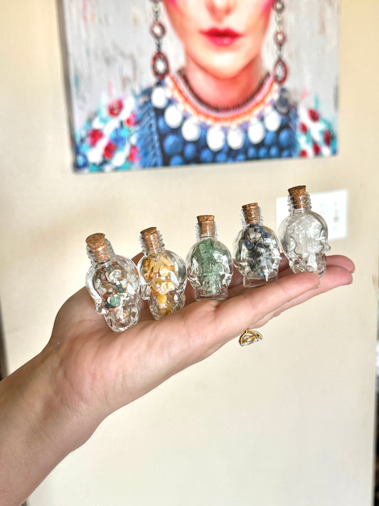 Crystal Chips in Glass Skull Bottles