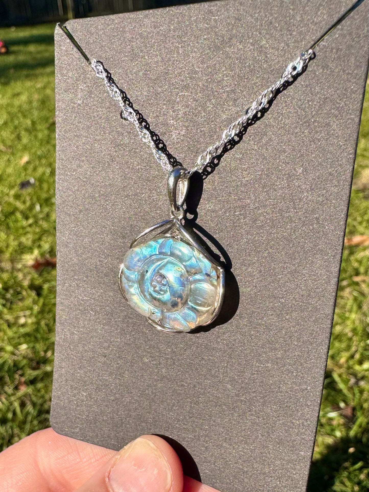 Hand Carved Labradorite Flower on S925 Pendant and Stainless Steel Chain