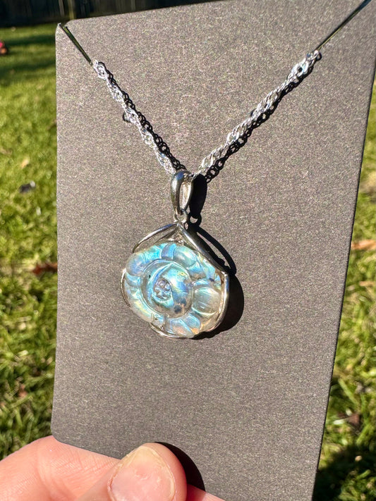 Hand Carved Labradorite Flower on S925 Pendant and Stainless Steel Chain