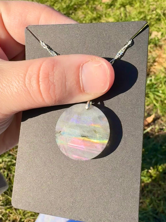 Orange, Purple, & Pink Sunset Flash Labradorite S925 Pendant on Stainless Steel Chain