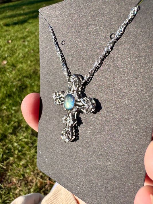 S925 Labradorite Cross Pendant on Stainless Steel Chain