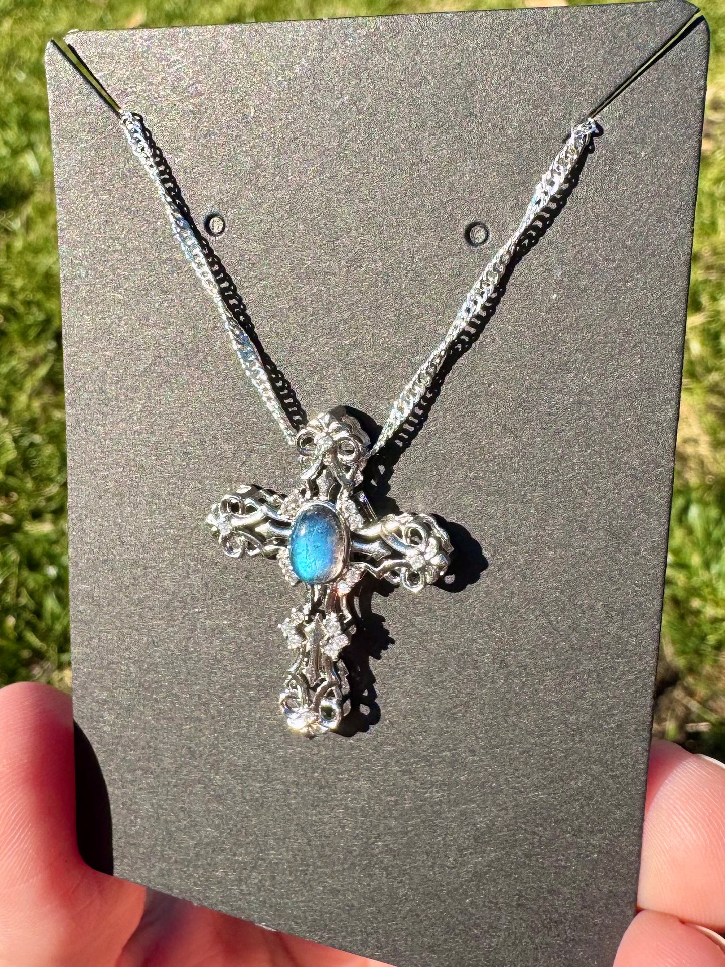 S925 Labradorite Cross Pendant on Stainless Steel Chain
