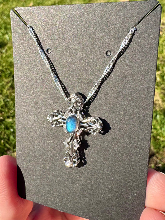 S925 Labradorite Cross Pendant on Stainless Steel Chain