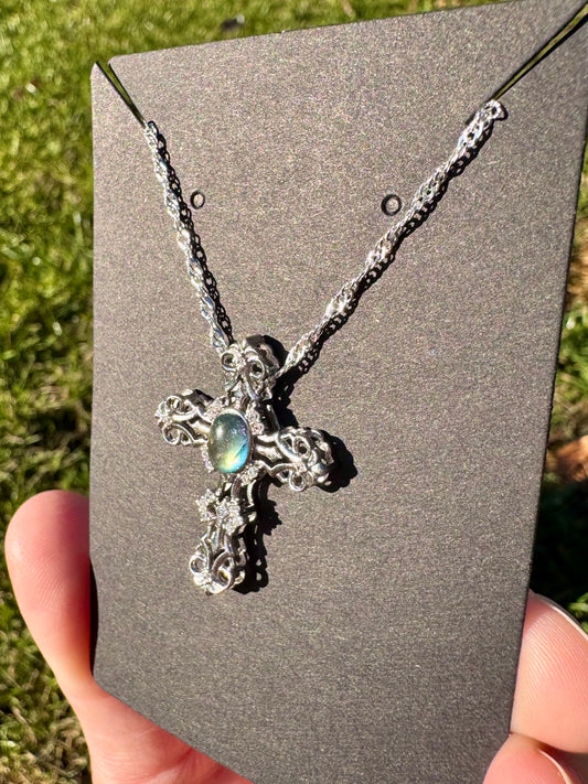 S925 Labradorite Cross Pendant on Stainless Steel Chain