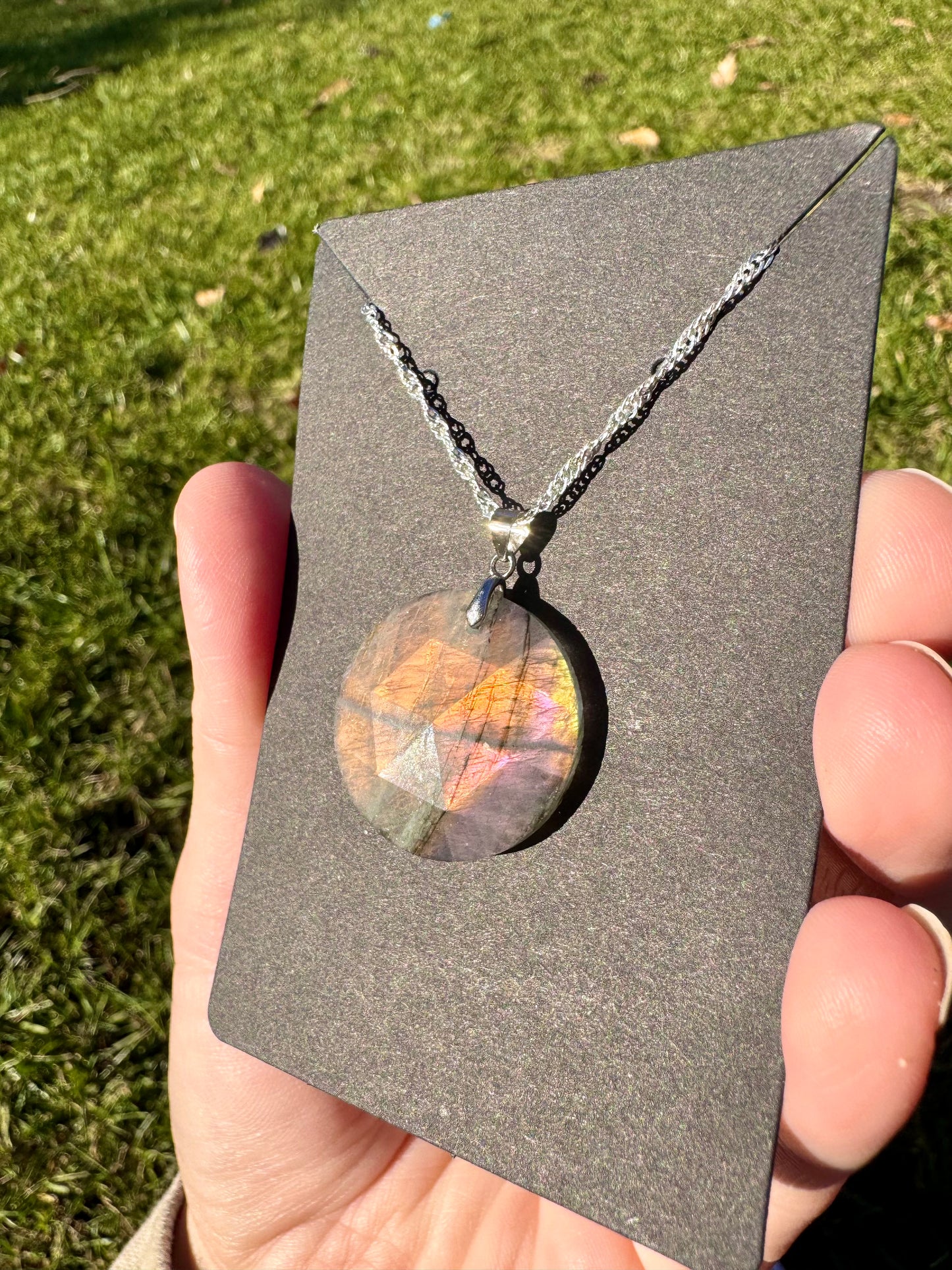 Orange & Pink Sunset Flash Labradorite S925 Pendant on Stainless Steel Chain