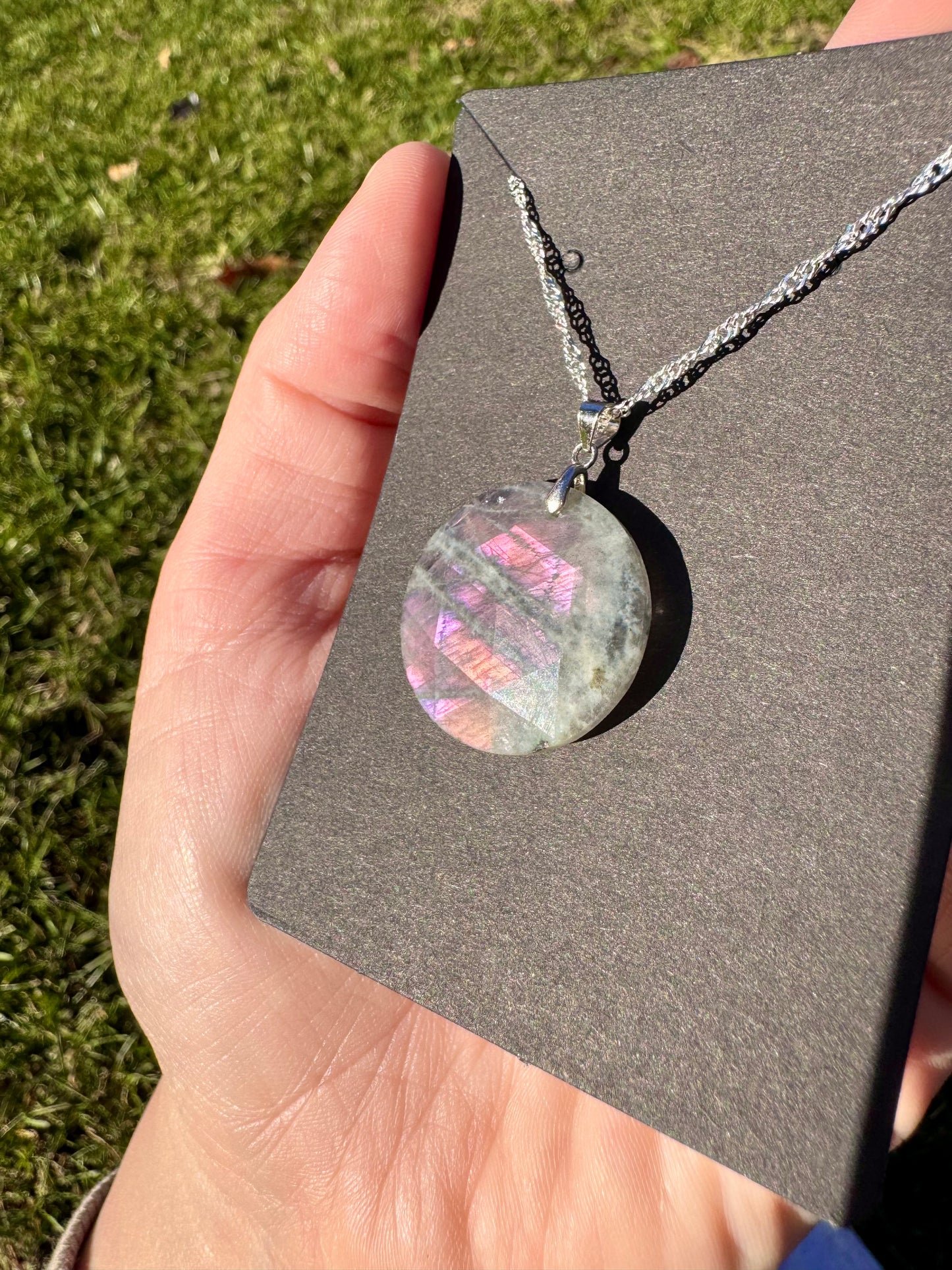Purple & Pink Sunset Flash Labradorite S925 Pendant on Stainless Steel Chain