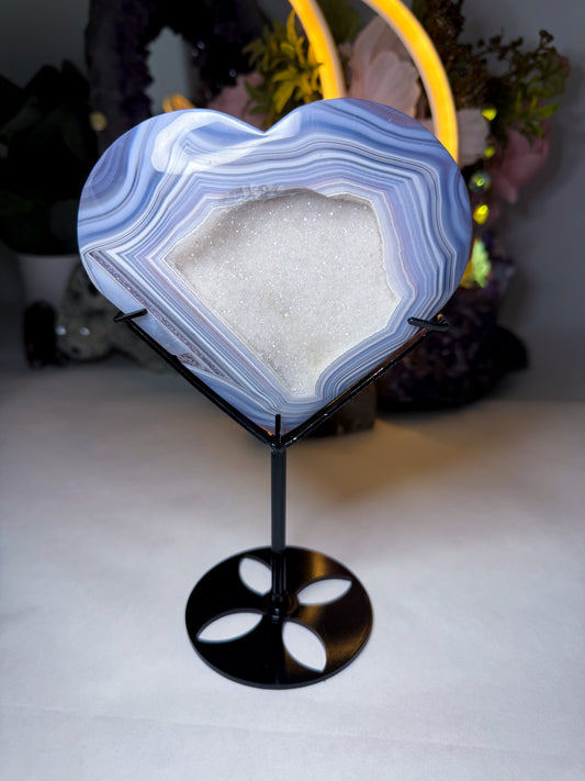 Druzy White Sugar Quartz Agate Heart on Custom Stand