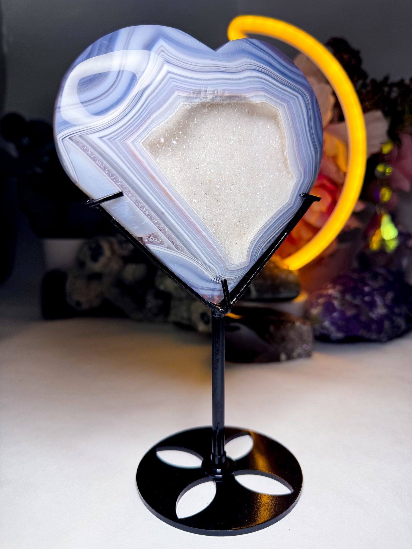 Druzy White Sugar Quartz Agate Heart on Custom Stand