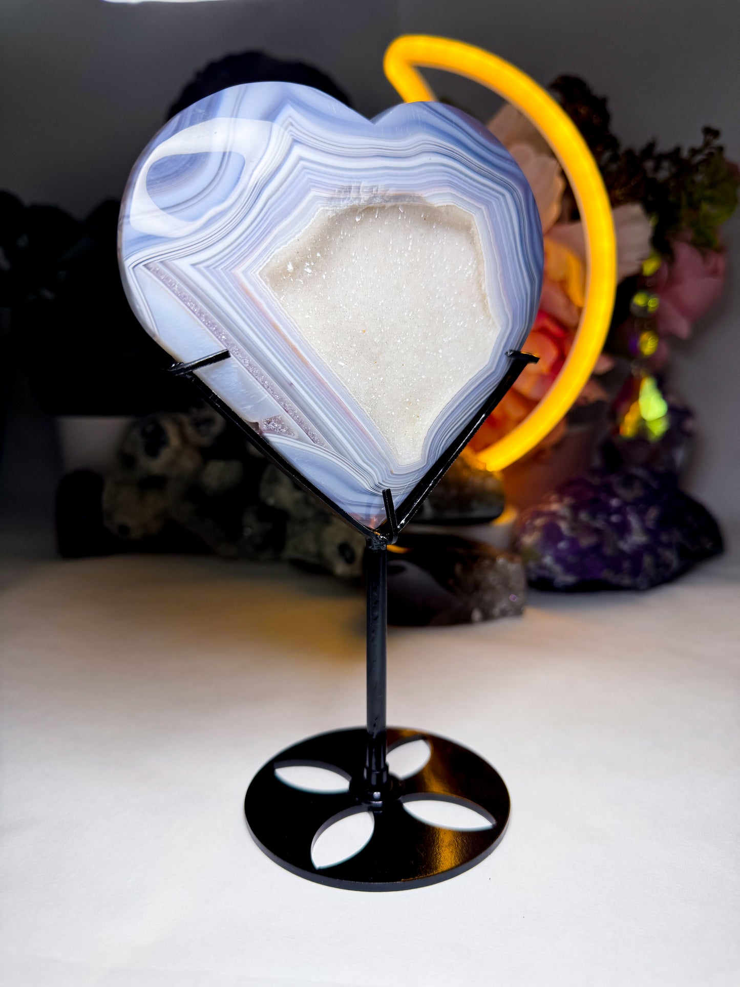 Druzy White Sugar Quartz Agate Heart on Custom Stand