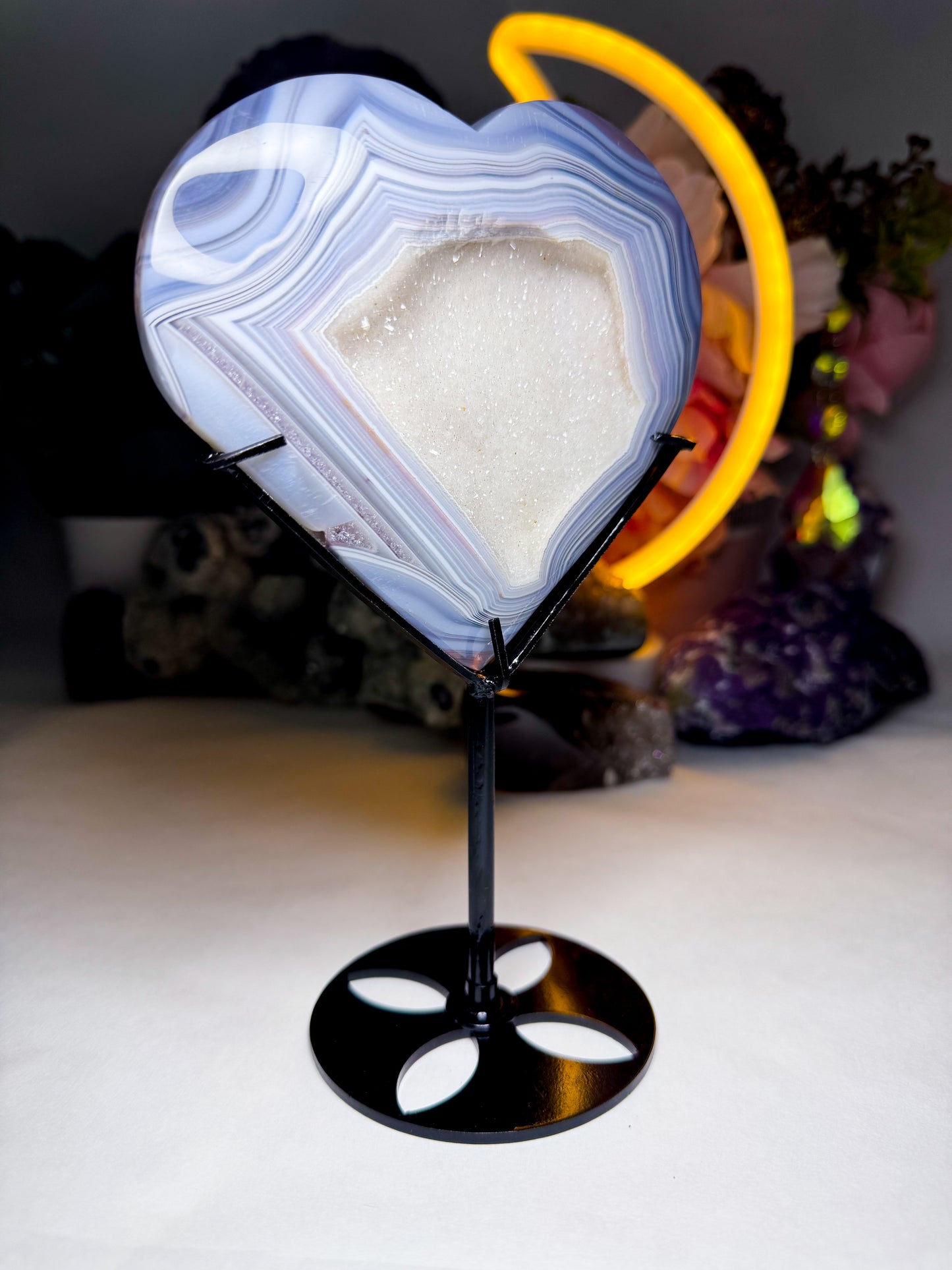 Druzy White Sugar Quartz Agate Heart on Custom Stand