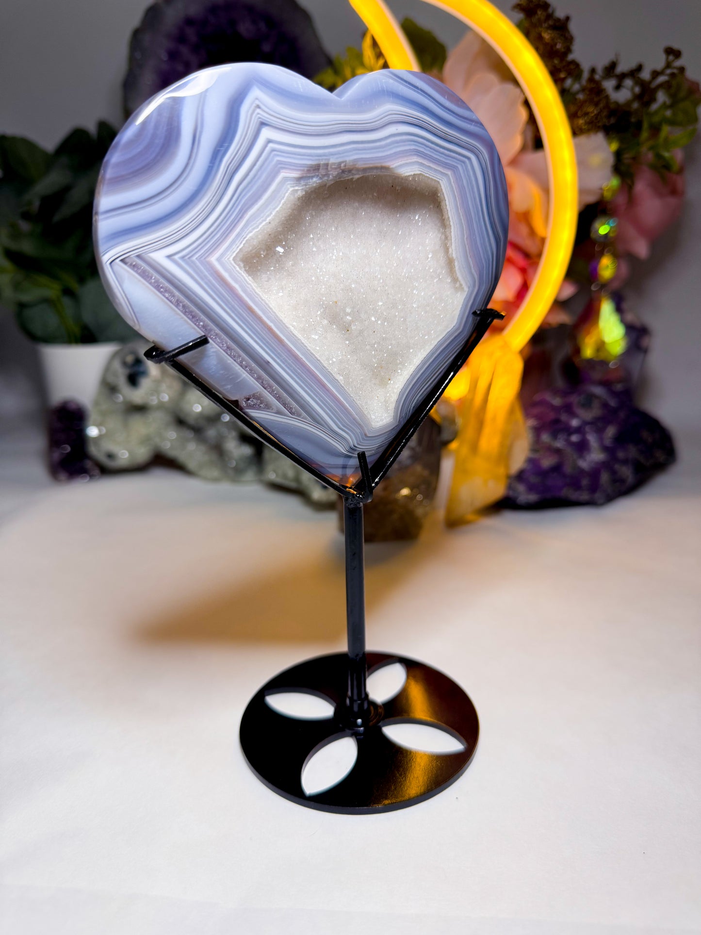 Druzy White Sugar Quartz Agate Heart on Custom Stand