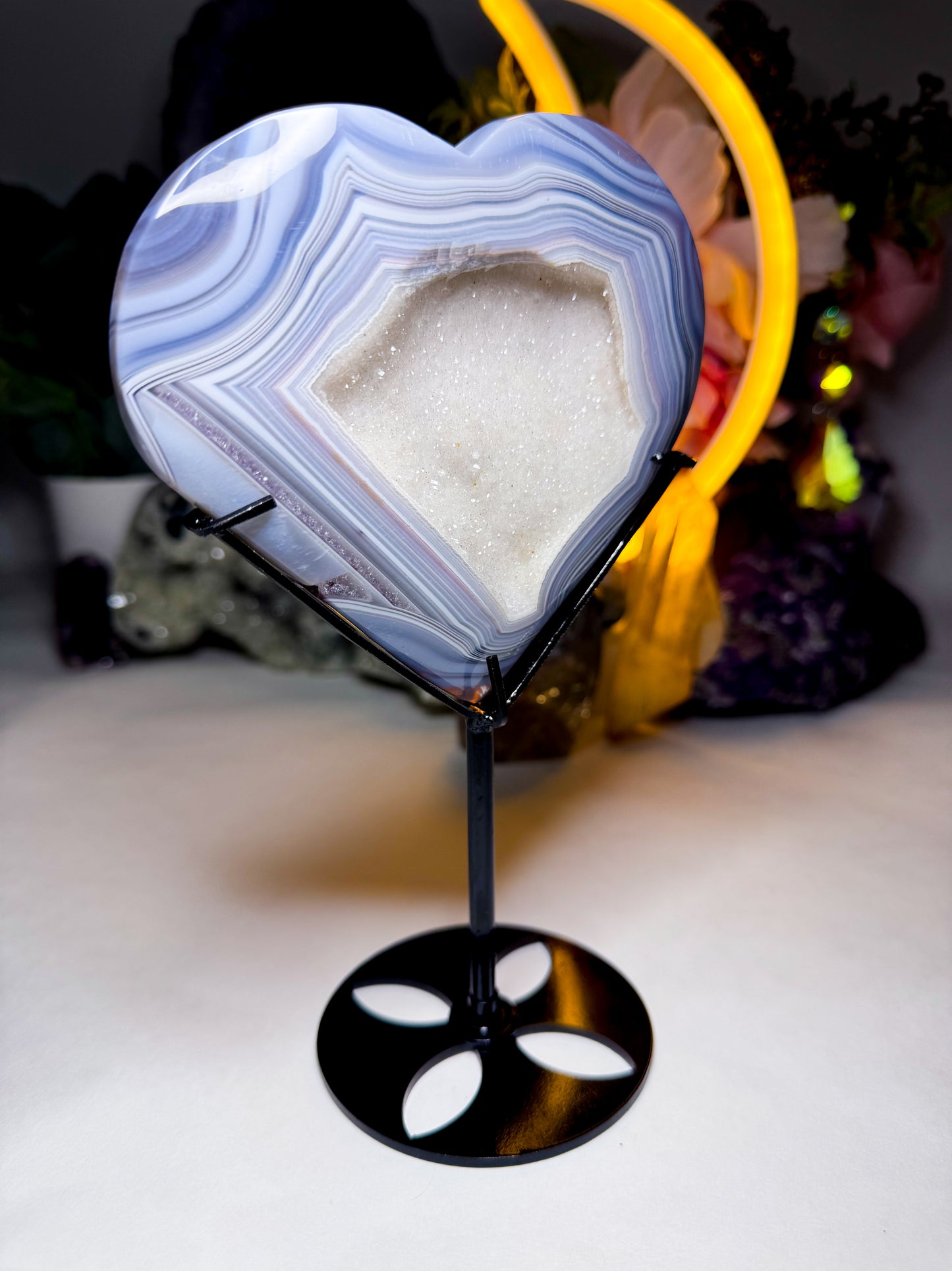 Druzy White Sugar Quartz Agate Heart on Custom Stand