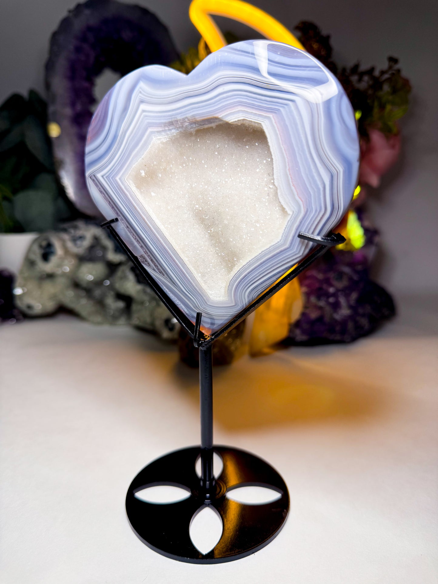 Druzy White Sugar Quartz Agate Heart on Custom Stand
