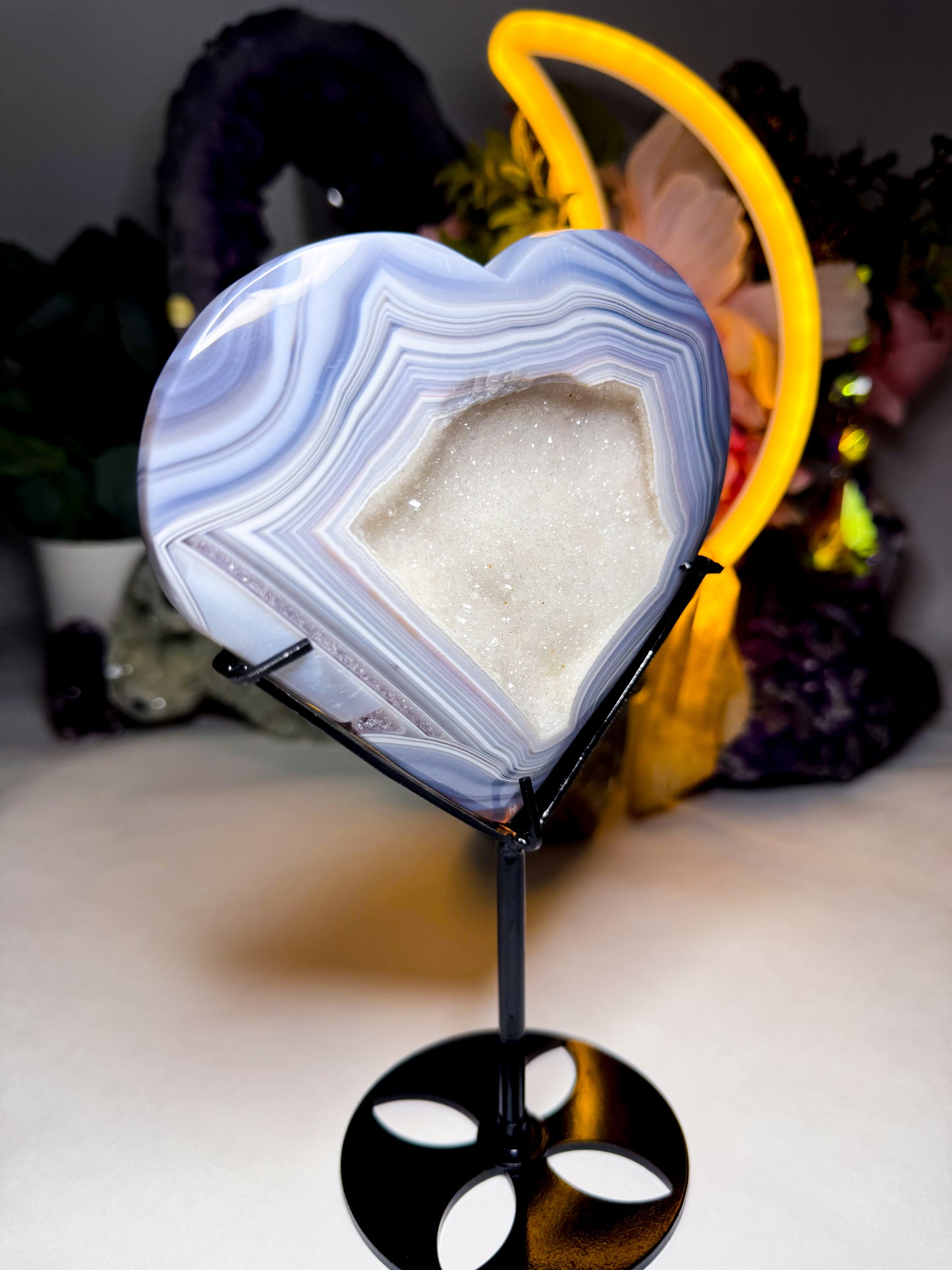 Druzy White Sugar Quartz Agate Heart on Custom Stand
