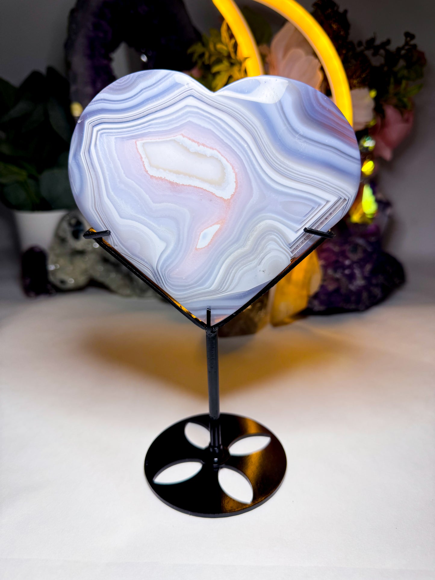 Druzy White Sugar Quartz Agate Heart on Custom Stand