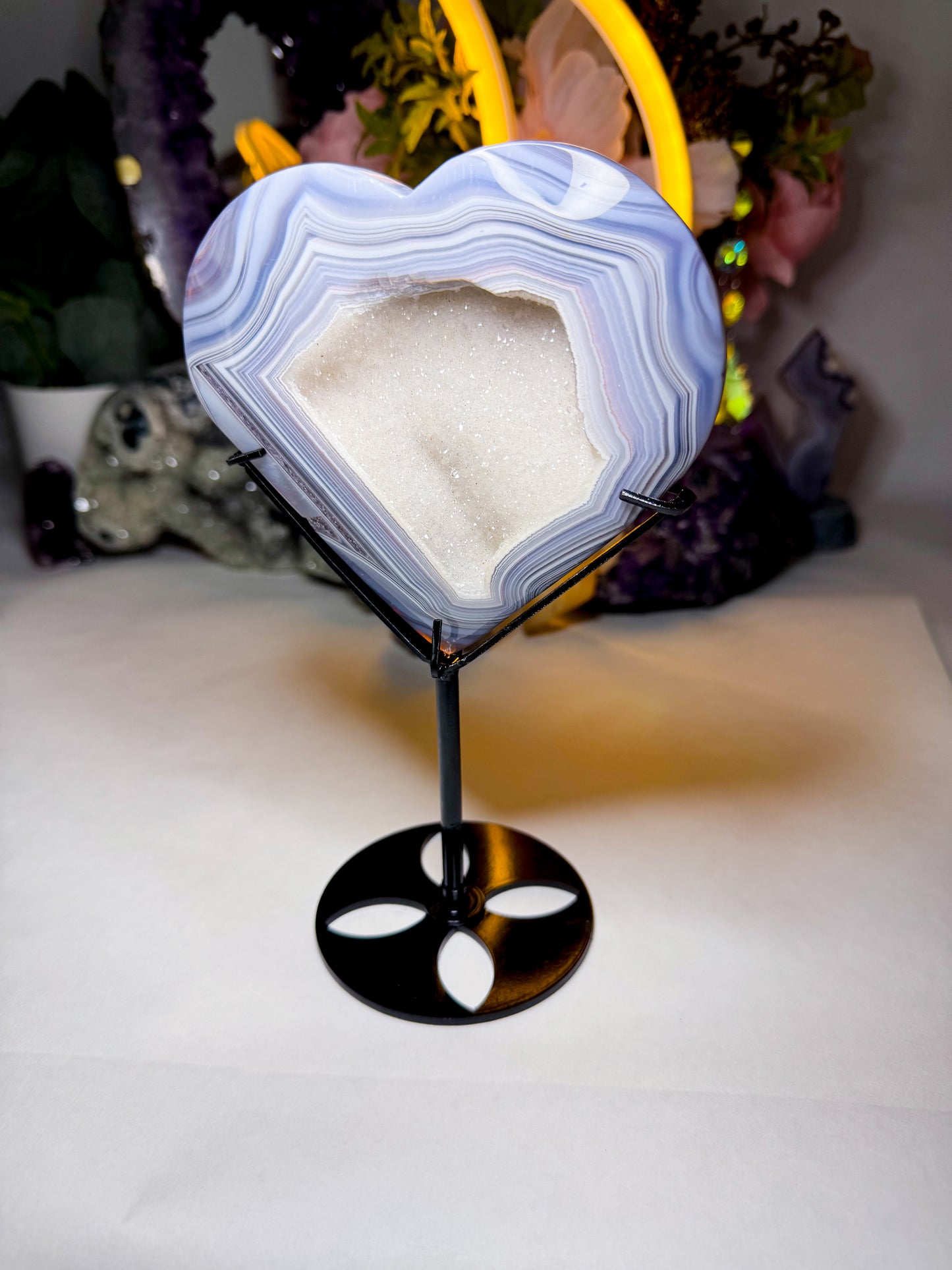 Druzy White Sugar Quartz Agate Heart on Custom Stand