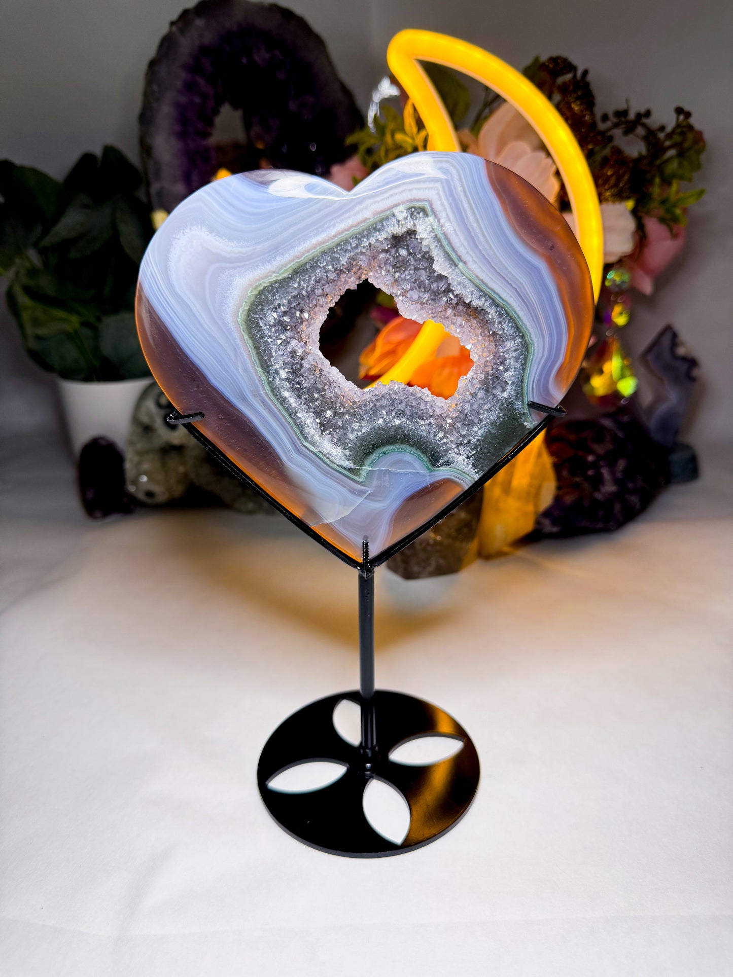 Black & Green Quartz Amethyst Agate Heart on Custom Stand