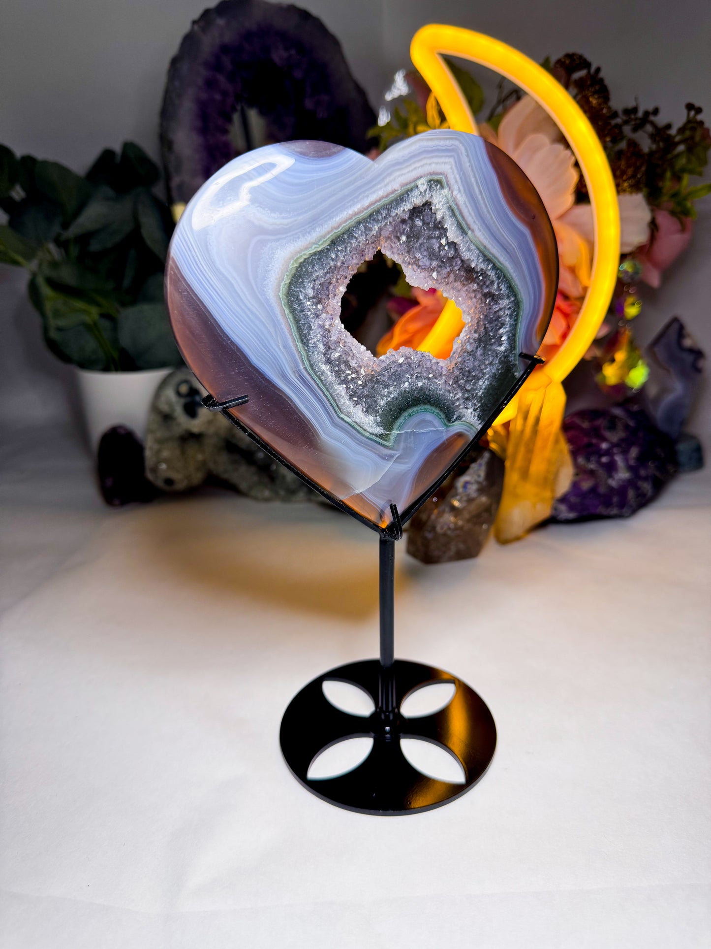 Black & Green Quartz Amethyst Agate Heart on Custom Stand
