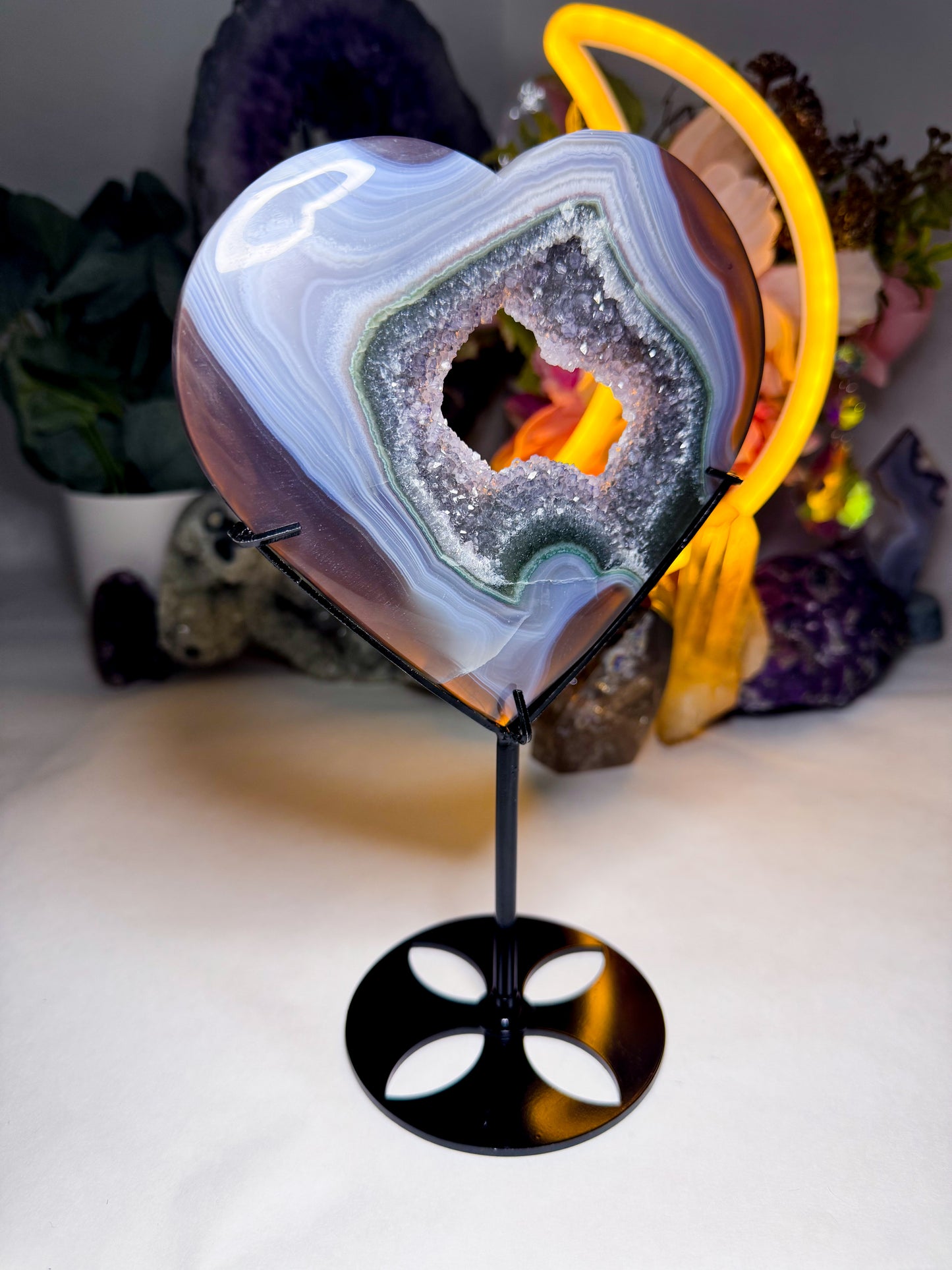 Black & Green Quartz Amethyst Agate Heart on Custom Stand