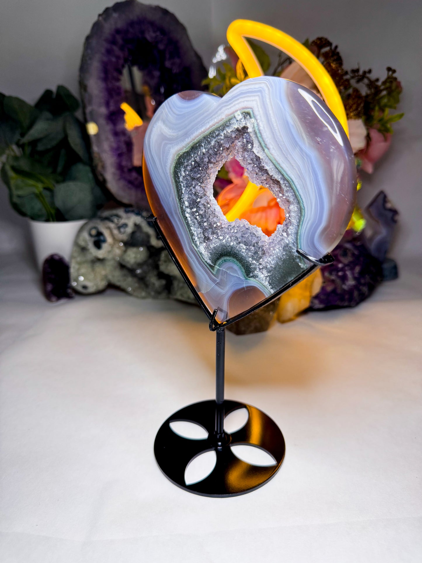 Black & Green Quartz Amethyst Agate Heart on Custom Stand