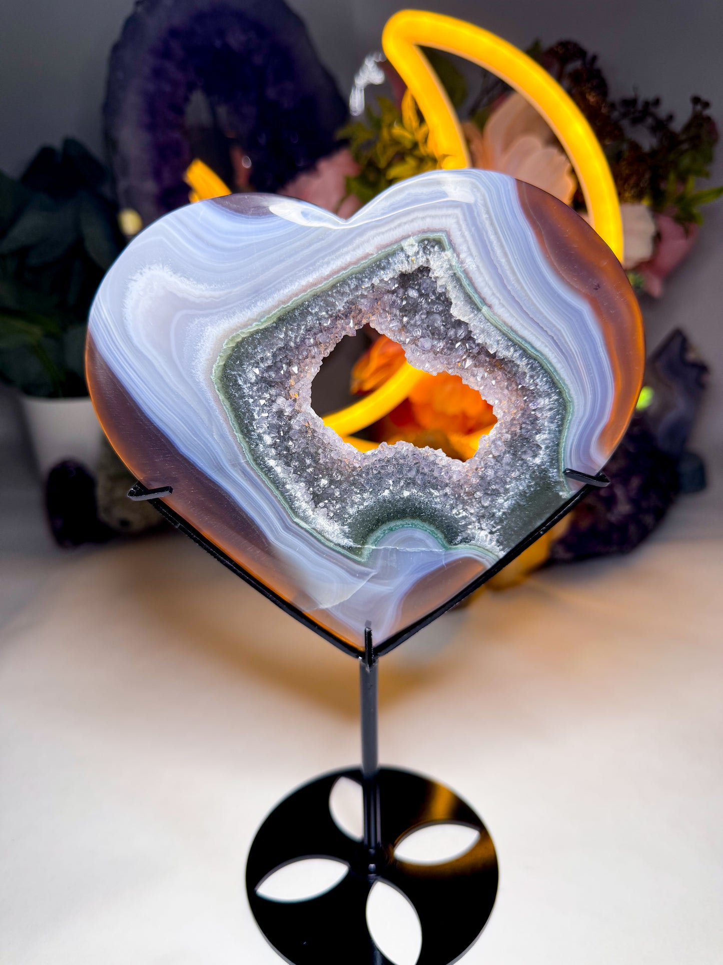 Black & Green Quartz Amethyst Agate Heart on Custom Stand