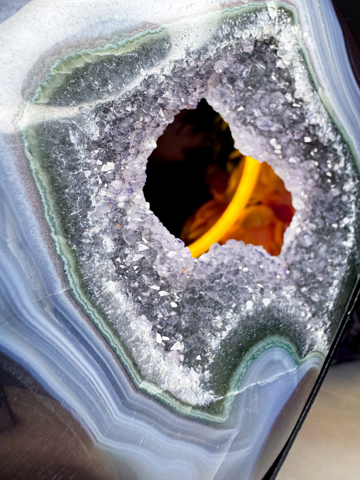 Black & Green Quartz Amethyst Agate Heart on Custom Stand