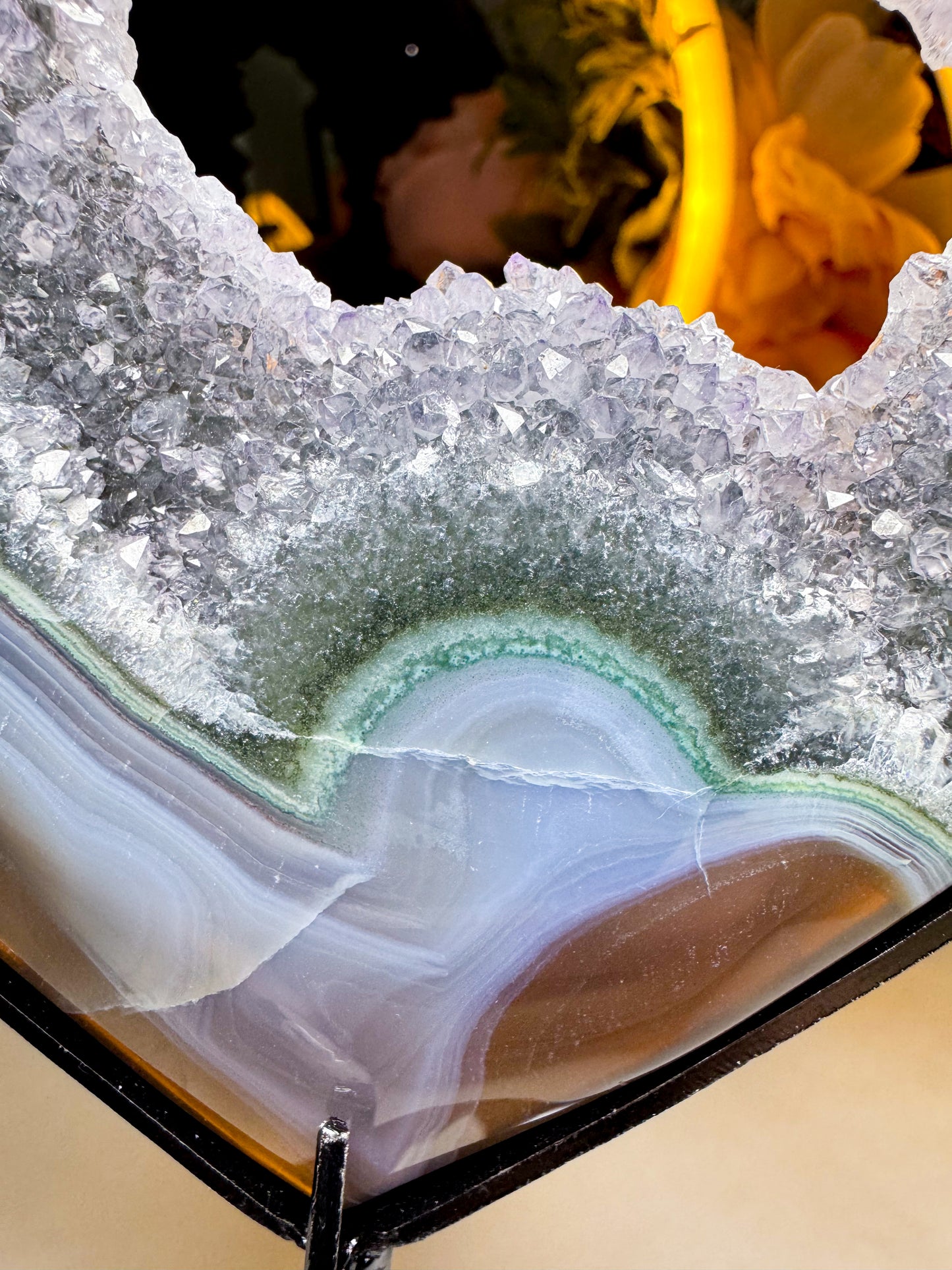 Black & Green Quartz Amethyst Agate Heart on Custom Stand