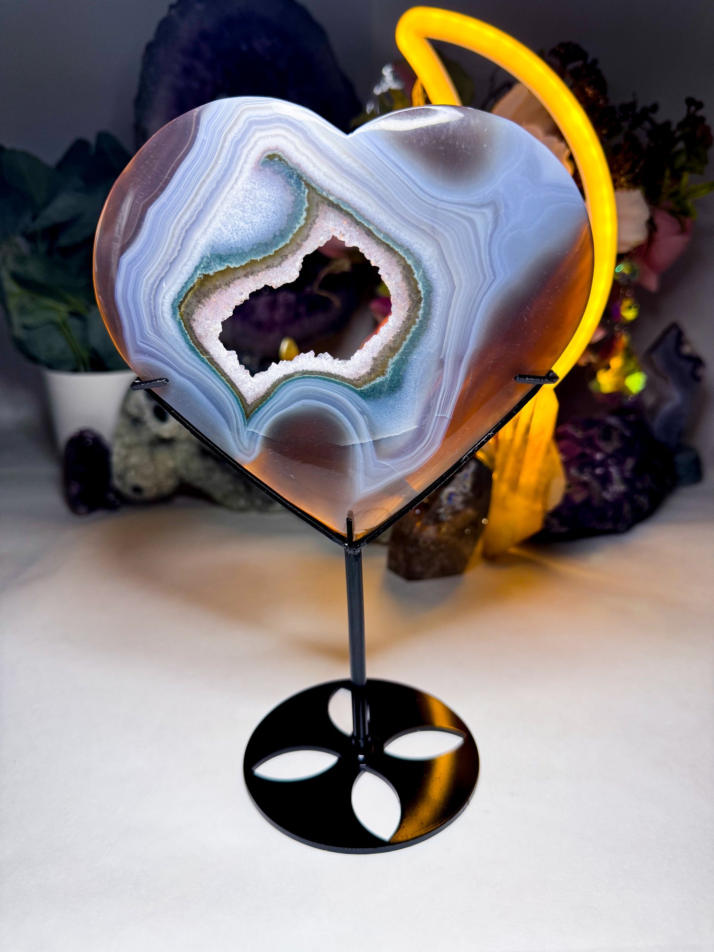 Black & Green Quartz Amethyst Agate Heart on Custom Stand