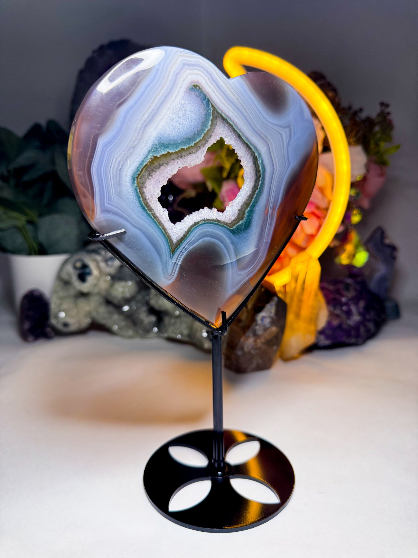 Black & Green Quartz Amethyst Agate Heart on Custom Stand