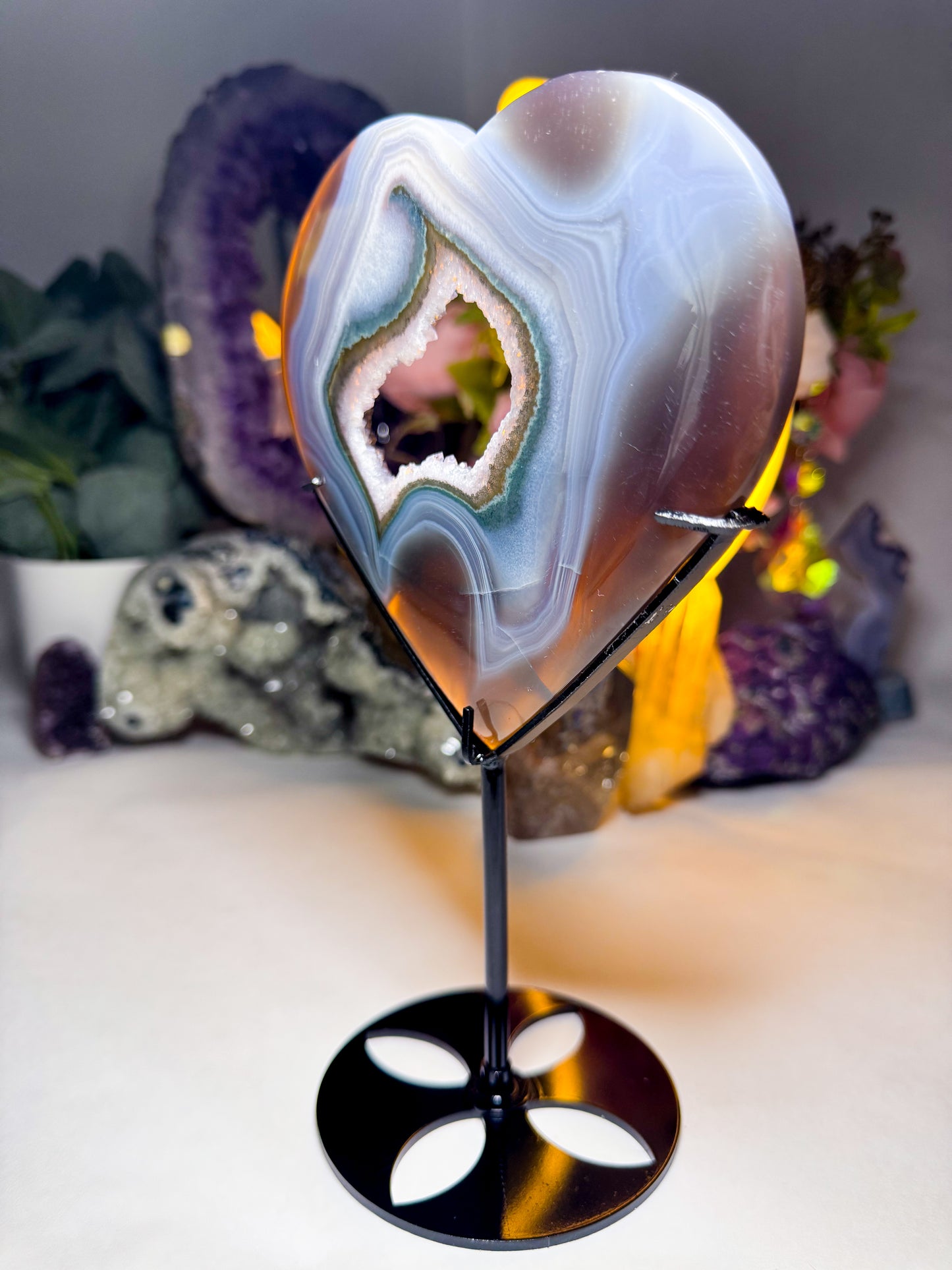 Black & Green Quartz Amethyst Agate Heart on Custom Stand