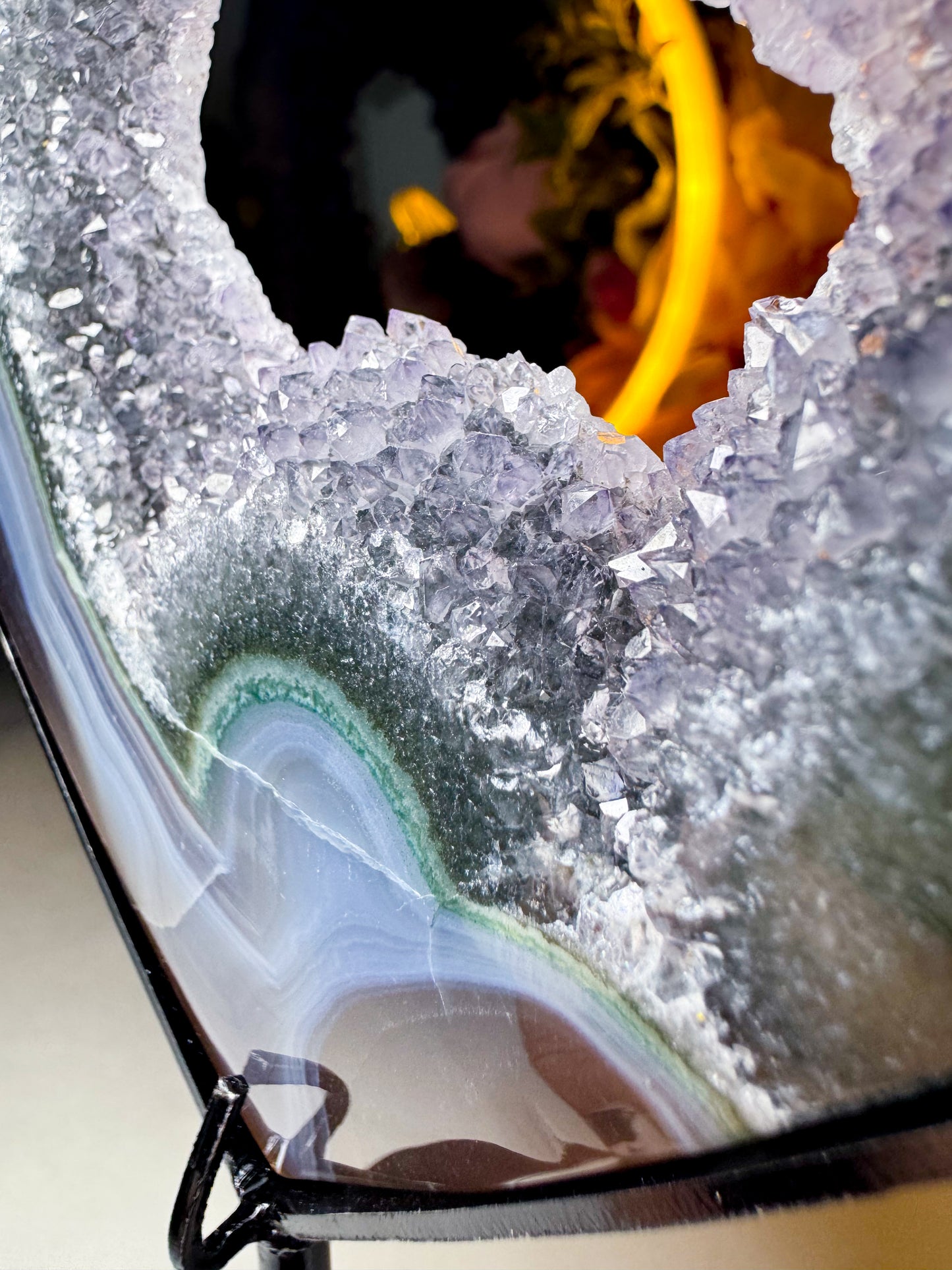 Black & Green Quartz Amethyst Agate Heart on Custom Stand