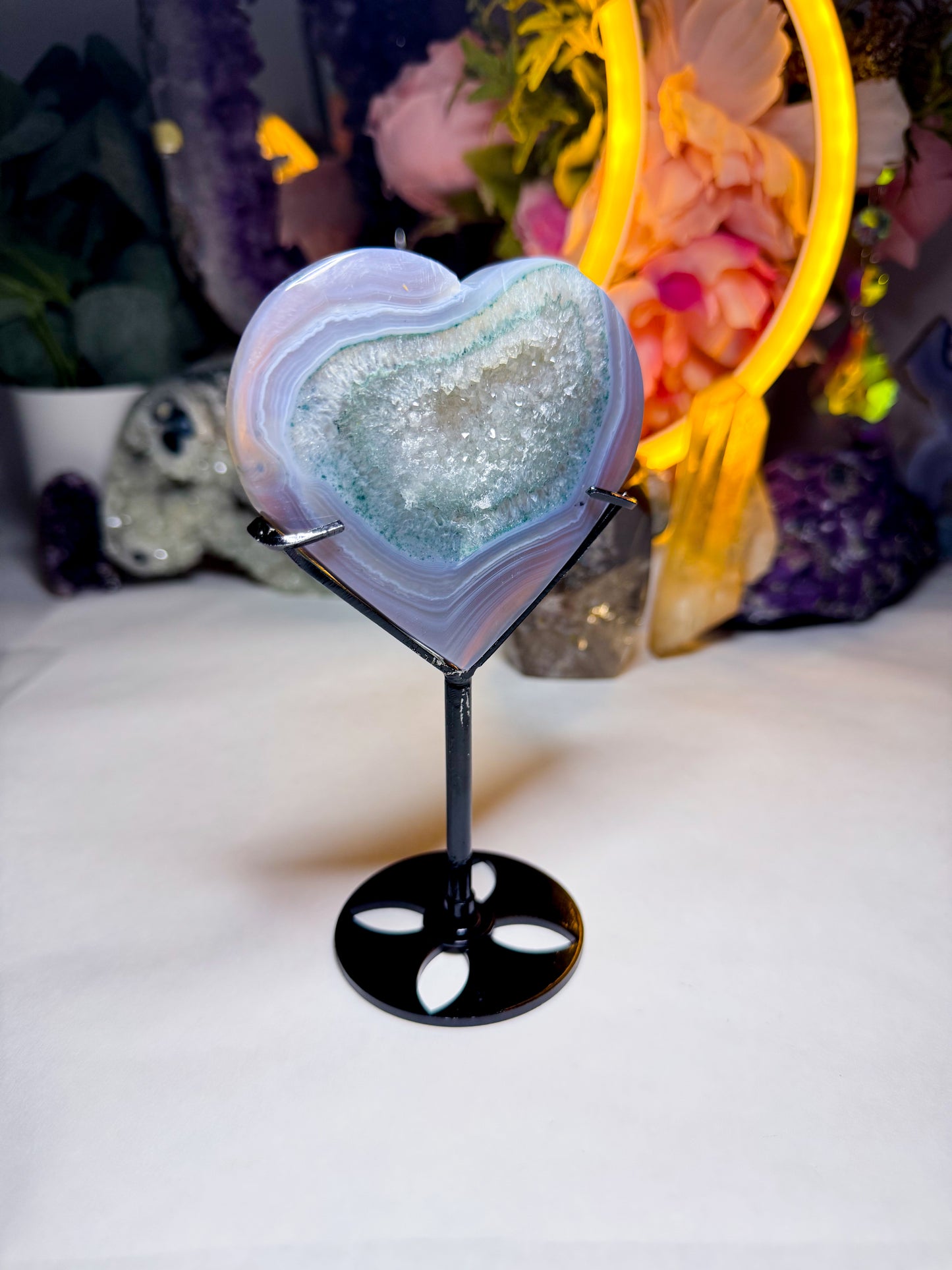 Druzy Green Quartz Agate Heart on Custom Stand