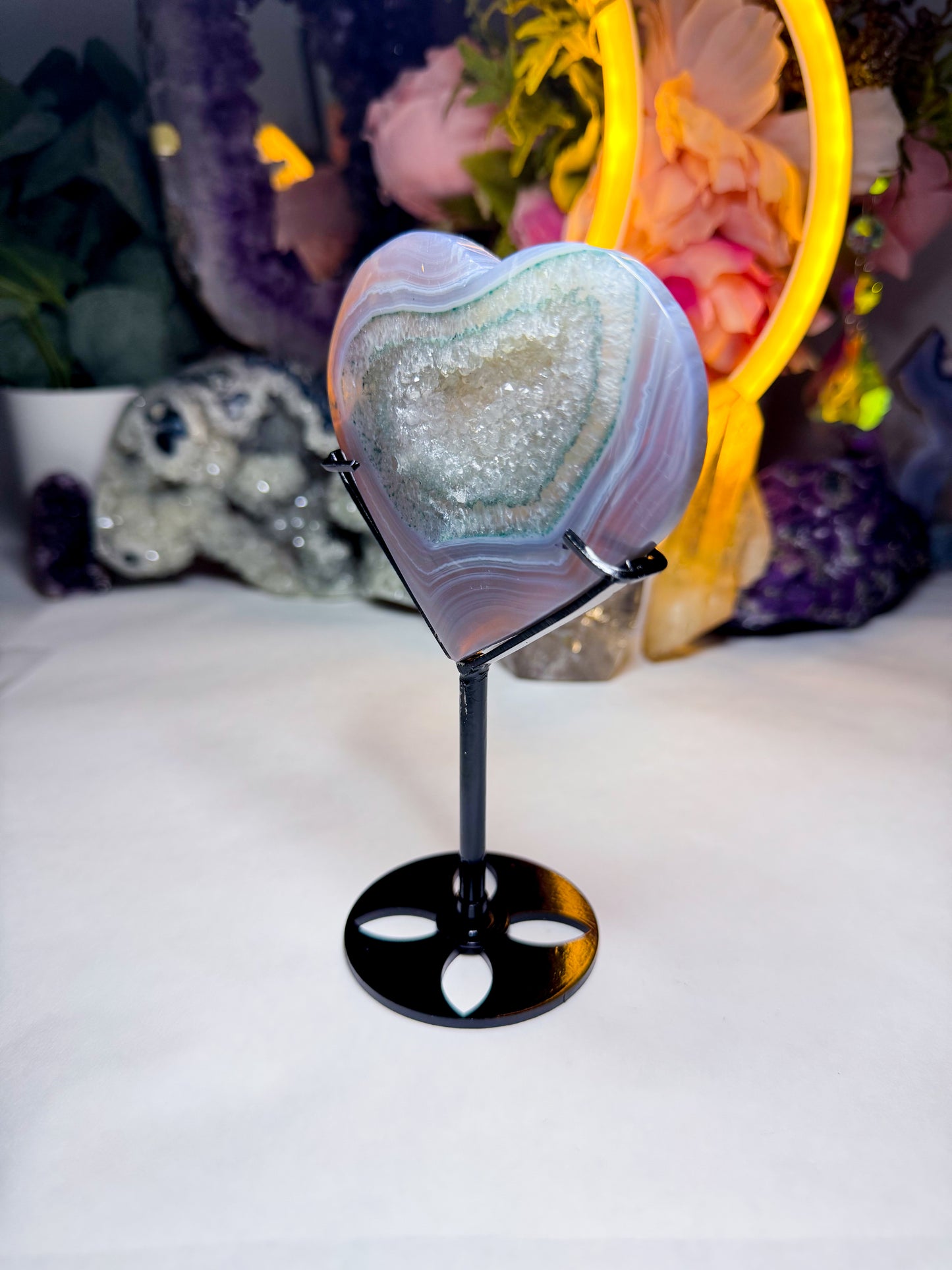 Druzy Green Quartz Agate Heart on Custom Stand